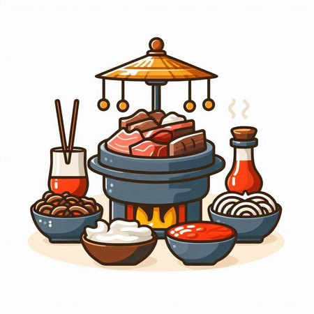 Japanese hot pot with meat and sausages. Vector illustration.のイラスト素材