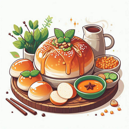 Illustration of a traditional chinese bun with soy sauce and vegetablesのイラスト素材