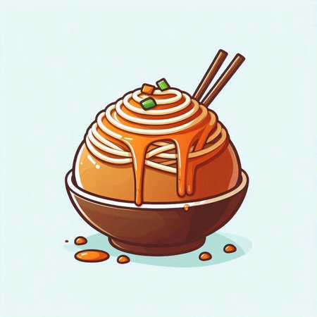 Illustration of a caramel apple in a bowl with chopsticks.のイラスト素材