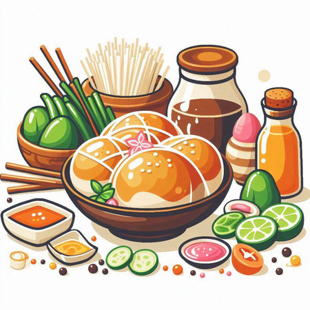 Illustration of a set of Asian cuisine. Vector illustration on white background.のイラスト素材
