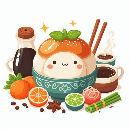 Cute cartoon ice cream character in a bowl with coffee, tea, ginger, orange and spices. Vector illustration.のイラスト素材