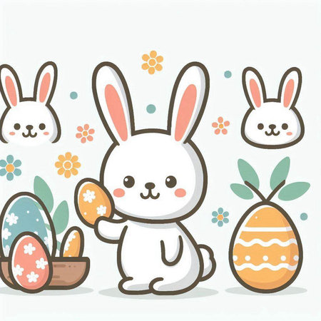 Cute bunny with easter eggs and flowers. Vector illustration.のイラスト素材