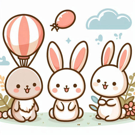 Cute rabbits with balloons and flowers, vector illustration, eps10のイラスト素材