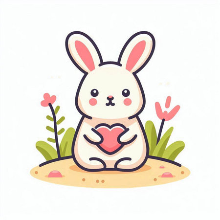 Cute bunny with heart in his hands. Vector illustration in cartoon style.のイラスト素材
