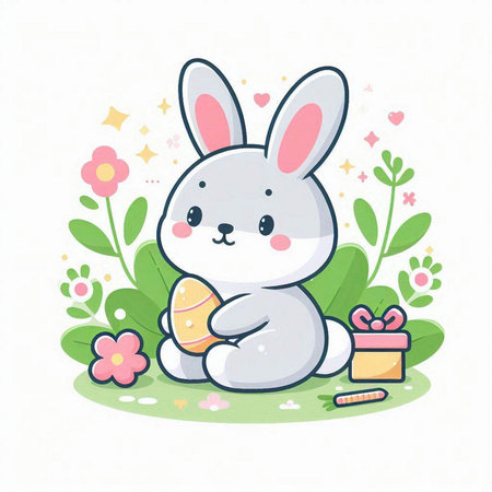 Cute cartoon bunny with easter eggs and flowers. Vector illustration.のイラスト素材