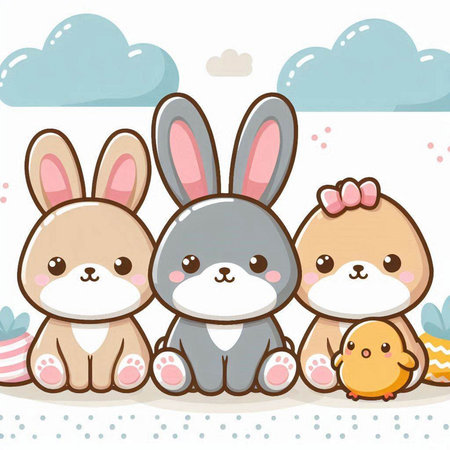 cute rabbits with chick and easter eggs vector illustration graphic designのイラスト素材