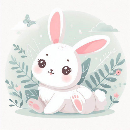 Cute cartoon baby bunny sitting on the grass with flowers. Vector illustration.のイラスト素材