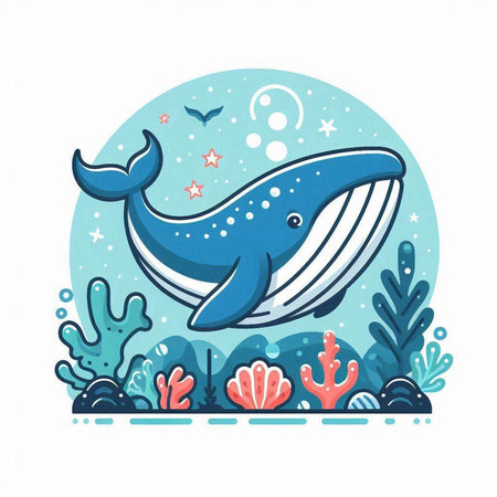 Cute hand drawn vector illustration of a blue whale in the seaのイラスト素材
