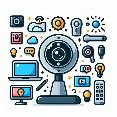 Vector illustration of web camera, computer and social media icons in thin line style.のイラスト素材