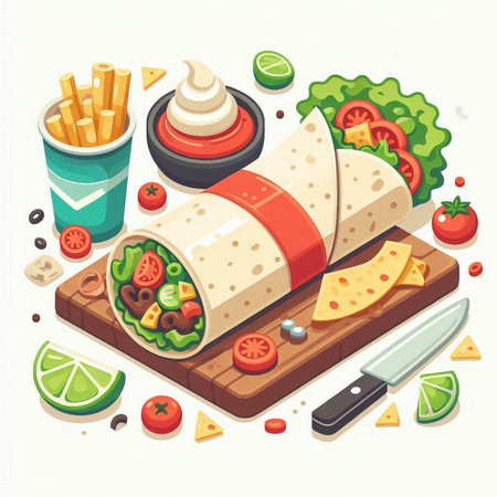 Mexican burrito on cutting board with ingredients. Vector illustration.のイラスト素材