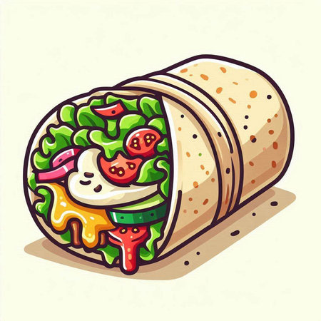 Tortilla wrap with salad, tomato and cheese. Vector illustration.のイラスト素材