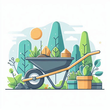 Wheelbarrow with gardening tools. Vector illustration in flat style.のイラスト素材