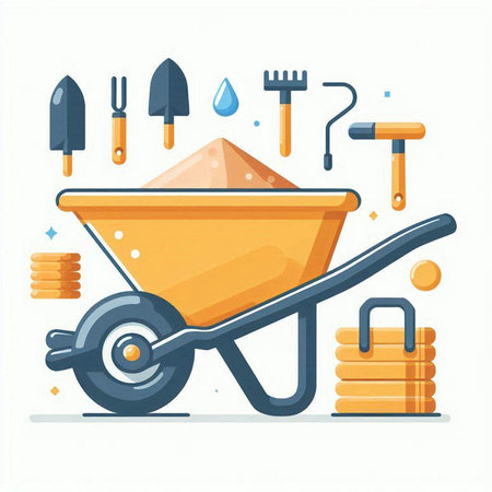 Wheelbarrow with construction tools. Vector illustration in flat style.のイラスト素材