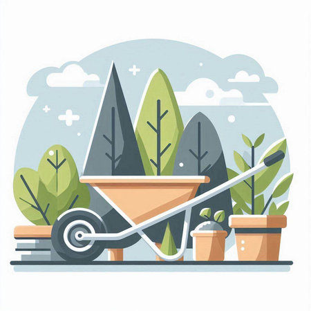 Wheelbarrow with plants. Gardening concept. Flat style vector illustration.のイラスト素材