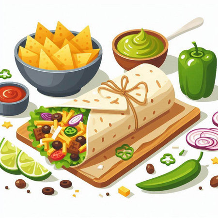 Mexican burrito with guacamole and salsa vector illustrationのイラスト素材