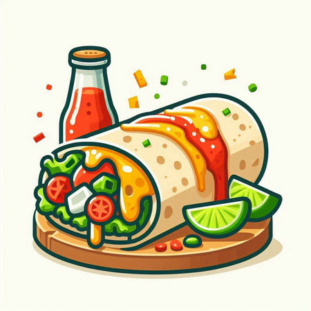 Mexican burrito with tomato sauce and lime. Vector illustration.のイラスト素材