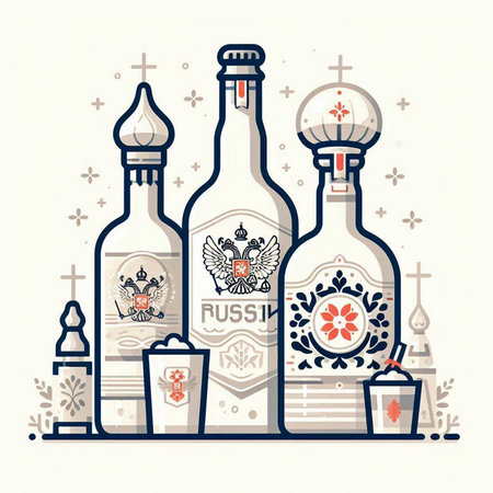 Vector illustration of a set of bottles of wine with the image of the Orthodox Church.のイラスト素材