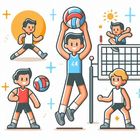 Volleyball player and team in action. Vector illustration in cartoon style.のイラスト素材