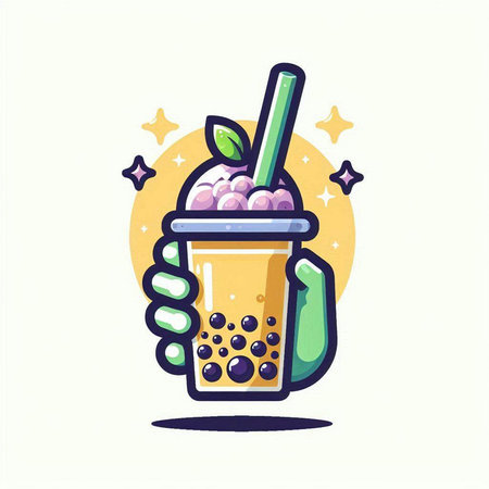 Hand holding a glass of bubble tea with straw. Vector illustration.のイラスト素材