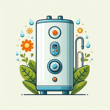 Vector illustration of a boiler with water drops and flowers on a light backgroundのイラスト素材