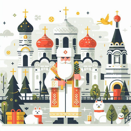 Vector illustration of christian orthodox church in flat style with santa claus.のイラスト素材