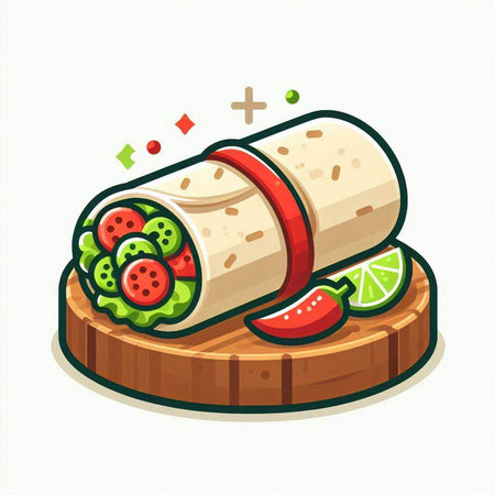 Tortilla wrap with salami and vegetables on a wooden board. Vector illustration.のイラスト素材