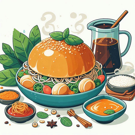 Bowl of noodle soup with chicken and vegetables. Vector illustration.のイラスト素材