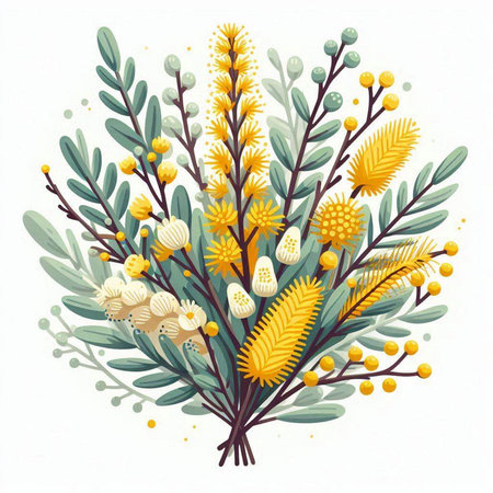 Bouquet of mimosa flowers and leaves. Vector illustration.のイラスト素材