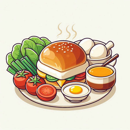 Illustration of healthy food with hamburger, egg, vegetables and sauceのイラスト素材