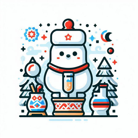Snowman, vector illustration in flat linear style on white background.のイラスト素材