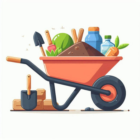 Garden wheelbarrow with tools. Vector illustration in cartoon styleのイラスト素材