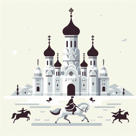 Ancient temple and knight on horseback. Vector illustration in retro style.のイラスト素材