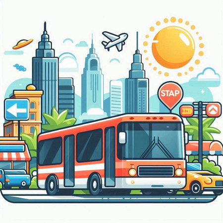 Bus on the background of the modern city. Vector illustration in flat styleのイラスト素材