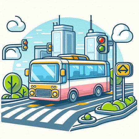 Bus on the road in the city. Vector illustration in cartoon styleのイラスト素材