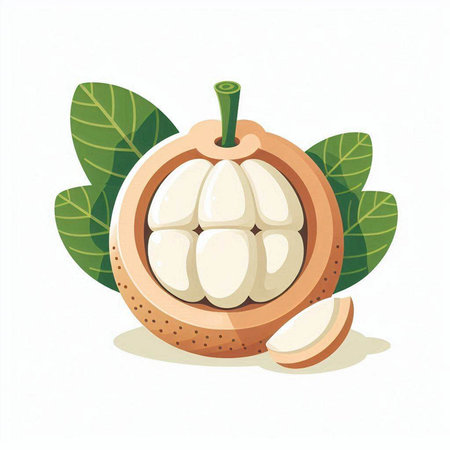 Mangosteen fruit vector illustration isolated on white background. Fresh mangosteen with leaves.のイラスト素材