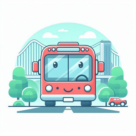 Cute cartoon bus on city street. Vector illustration in flat styleのイラスト素材