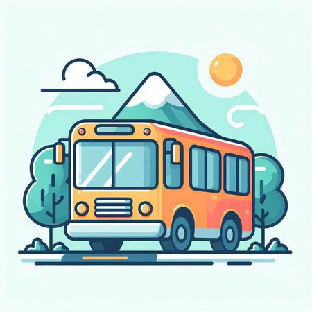 School bus with mountains in the background. Vector illustration in flat styleのイラスト素材
