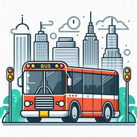 Bus on the background of the city. Vector illustration in flat styleのイラスト素材
