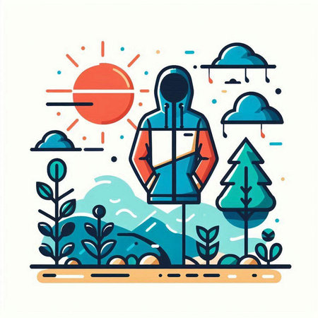 Hiking and camping in the mountains. Flat line art vector illustration.のイラスト素材