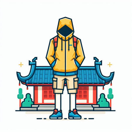 Hiking man with backpack standing in front of the temple. Vector illustrationのイラスト素材