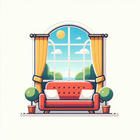 Living room interior with window, sofa and window. Vector illustration.のイラスト素材