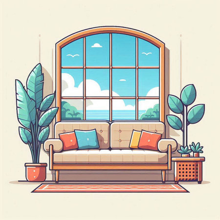 Living room interior with window, sofa and plants. Vector illustration.のイラスト素材