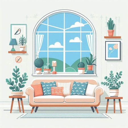 Living room interior with sofa, window and plants. Vector illustration.のイラスト素材
