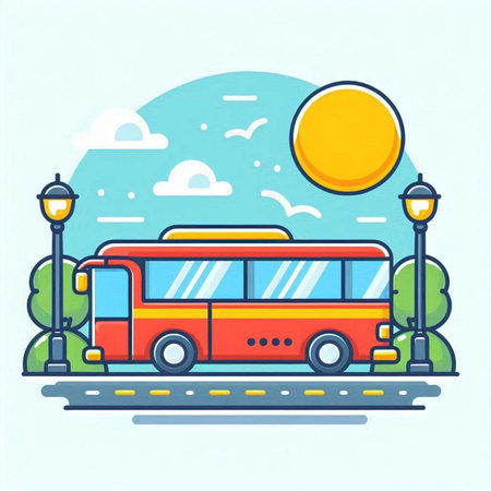 Bus on the road. Colorful vector illustration in flat style.のイラスト素材