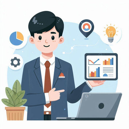 Businessman using laptop and tablet. Vector illustration in flat style.のイラスト素材