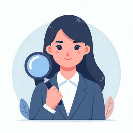 Young businesswoman with magnifying glass. Vector illustration in cartoon styleのイラスト素材