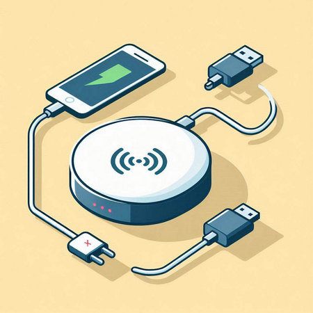 Wireless charger with USB cable and smartphone. 3D isometric vector illustration.のイラスト素材