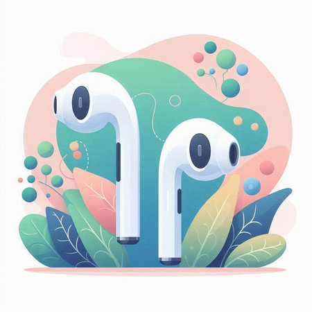 Modern headphones on the background of nature. Vector illustration in flat style.のイラスト素材