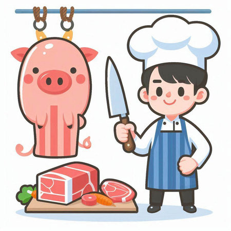 Chef cutting pork with knife and meat. Vector cartoon character illustration.のイラスト素材