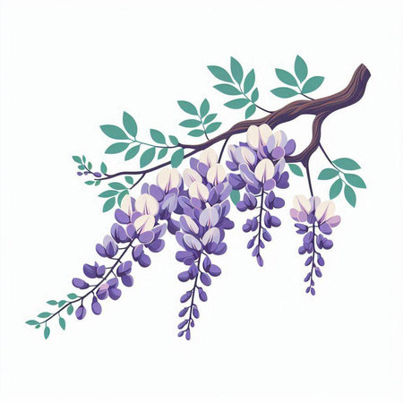 Wisteria branch with flowers and leaves on white background. Vector illustration.のイラスト素材
